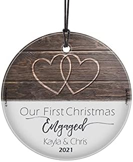 Our First Christmas Engaged Hanging Glass Print – Personalized Rustic Hearts Farmhouse Decoration – Suncatcher Hanging Print Christmas Tree Date Display 3.5" Circle | Free Red Velveteen Gift Bag