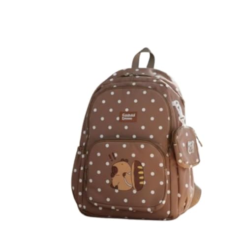 Coekid Mochila Escolar Infantil com Estampa de Capivara, Marrom com Bolinhas Brancas, Leve e Fofa, com Bolsinha Adicional