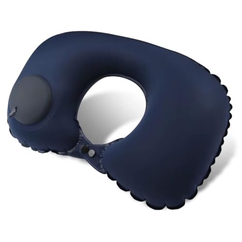Almofada Inflável de Pescoço para Viagem, Travesseiro Portátil e Confortável para Avião, Carro e Relaxamento (Azul Marinho)