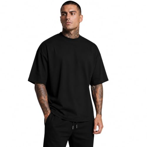 BLACKTIGER Camiseta Oversized Masculina, Algodão Premium, Preta, Gola Ribana Alta, Modelagem Streetwear, Adulto (BR, Alfa, P, Regular, Preto)