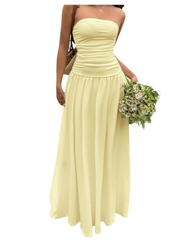 Verdusa Women's Drop Waist Wedding Guest Dress Ruched Strapless Backless A Line Maxi Dresses Butter Yellow X-Small