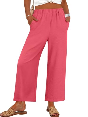 ANRABESS Women's Wide Leg Cropped Pants Elastic Waist Lounge Summer Palazzo Pants Beach Vacation Spring Trousers with Pockets Coral