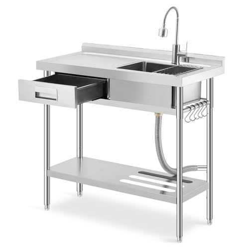 39 in Stainless Steel Freestanding Utility Sink with Left Workbench & Drawer – Commercial Kitchen Sink with Hot & Cold Faucet, Storage Shelf, Knife