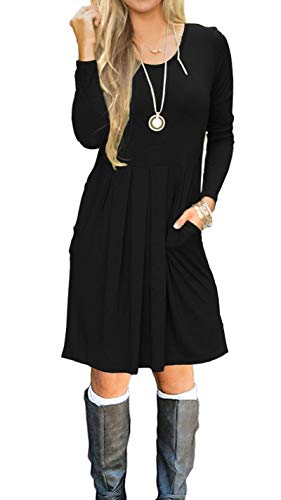 AUSELILY Women's Long Sleeve Pleated Loose Swing Casual Dress with Pockets Knee Length (L, Black)