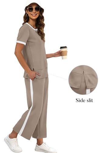 Image of XIEERDUO Women's Side Slit Lounge Sets 2026 Fashion 2 Piece Travel Outfits Cozy Loungewear Wide Leg Tracksuits S-3XL