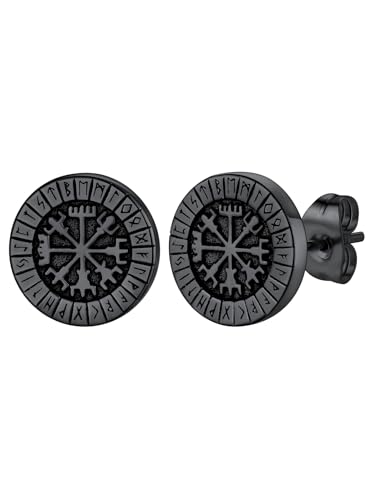 FaithHeart Viking Runes Stud Earrings for Men Silver/Black/Gold Stainless Steel Lightweight Earrings Retro Norse Mythology Jewelry with Gift Box
