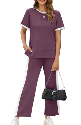 Image of XIEERDUO Women's Side Slit Lounge Sets 2026 Fashion 2 Piece Travel Outfits Cozy Loungewear Wide Leg Tracksuits S-3XL