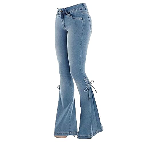 Women's Plus Size Bell Bottom Jeans Stretchy High Waisted Lace Up Flare Denim Pants Juniors Skinny Trouser