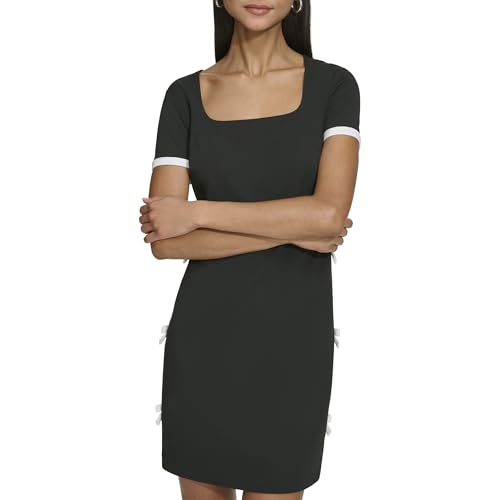 Image of Karl Lagerfeld Women's Short Sleeve Square Neck Bow Embellished Shift Mini Dress