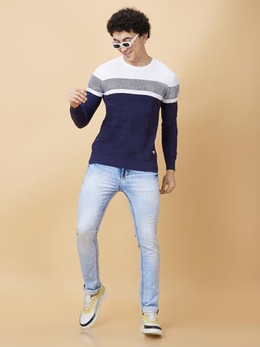 Image of Being Human Colourblocked Navy Blue Round Neck Sweater