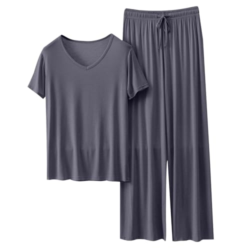 cfpqv Pijama de verano para mujer, conjunto de pijama de dos piezas, color huevo, ropa de dormir, ropa de salón, camiseta de pijama y pantalones de pijama, ropa de dormir de 2 piezas, gris oscuro, M