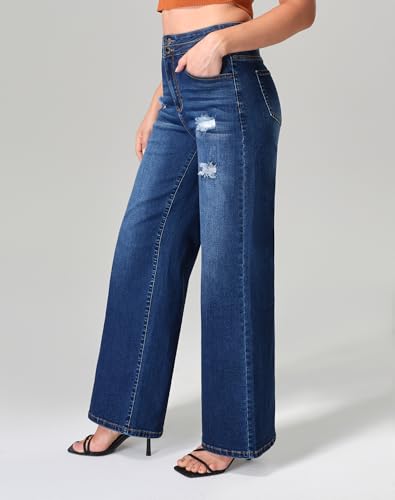 roswear Stretchy Loose Jeans for Women Wide Leg High Waisted Baggy Denim Distressed Pants2