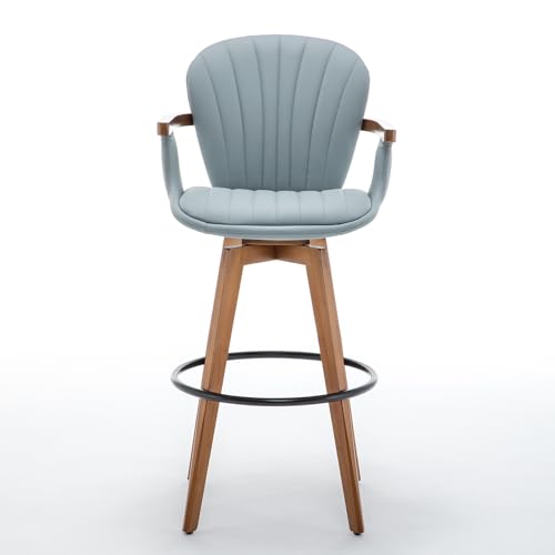 Image of LUNLING 26 inch Counter Height Stools,Mid Century Modern Bar Stools,Blue PU Leather Kitchen Island Stool,Wood High Barstools Swivel with Back and Arms for Home Bar Furniture,1PCS