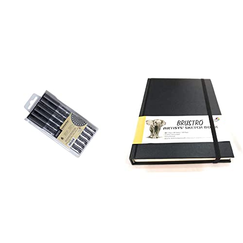 Image of BRUSTRO Technical Pen (Pack of 6) Stitched Bound Artists Sketch Book, A5 Size, 160 Pages, 110 GSM