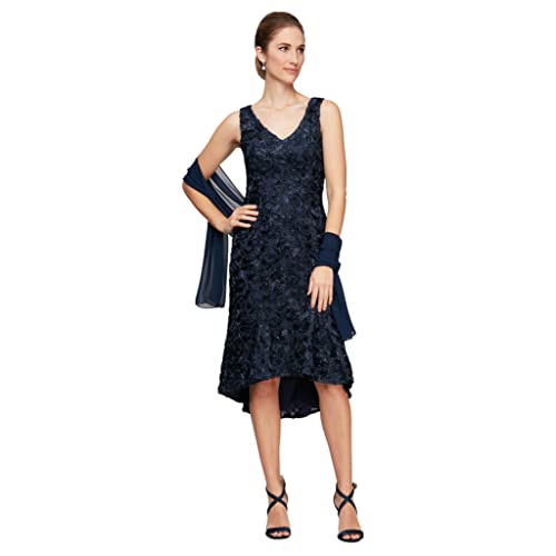 Image of Alex Evenings Women's Tea Length Dress with Rosette Detail (Petite and Regular)
