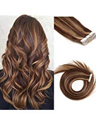 Tape in Hair Extensions Human Hair Medium Browm/Strawberry Balayage Hair Extensions 40g 18 inch #4/27 Glue in Tape on Highlighted Extensions Silky Straight Skin Weft 20 Pcs/Package