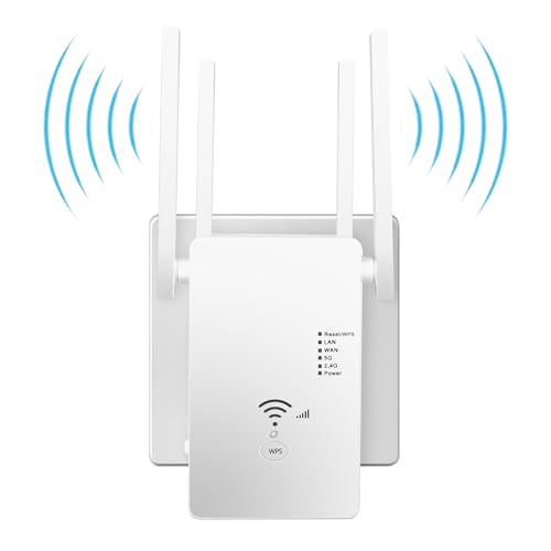 WLAN Repeater WLAN Verstärker 1200Mbit/s Dual-Band WiFi Booster mit Repeater/Router/Access Point Modus,4 Antennen,Einfache Einrichtung,WiFi Range Extender mit LAN/WAN Port（weiß）