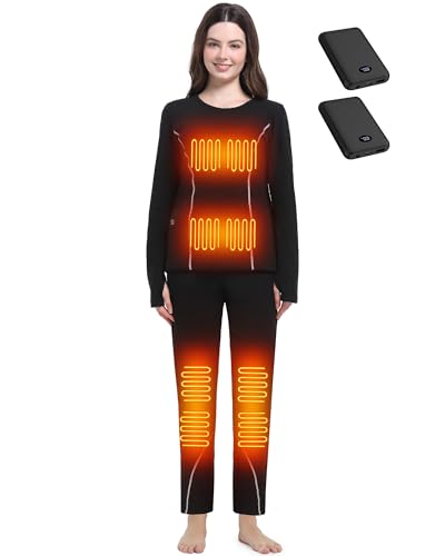 FERNIDA Women's Heated Thermal Underwear Set, Fleece Lined Heated Base Layer, Electric Long Sleeve Top & Bottom for Winter Warmth, M Black