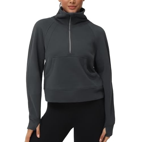 THE GYM PEOPLE Womens' Half Zip Pullover Fleece Stand Collar Crop Sweatshirt with Pockets Thumb Hole