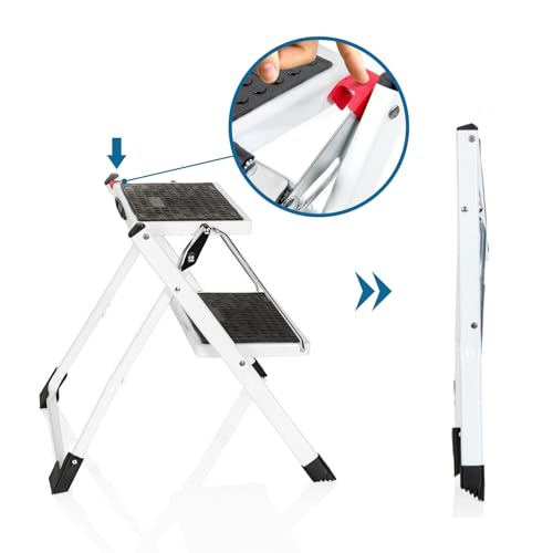 hjh OFFICE 801200 Klapptritt 2 Stufen SOLID W1 Stahl Tritt klappbar bis 150kg belastbar, Klappsicherung, Tragegriff, Trittstufe, Weiß