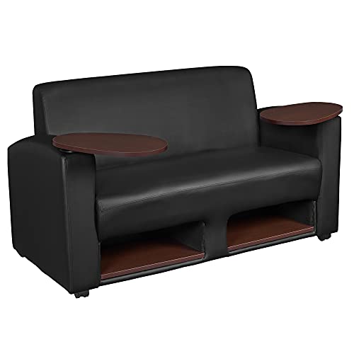 Image of Romig Superstellar Loveseat with 360-Degree Swiveling Tablet Arm, Under-Seat Storage, Java Finish, Black Vinyl Upholstery, Ergonomic Seating for Offices, Lounges, or Classrooms