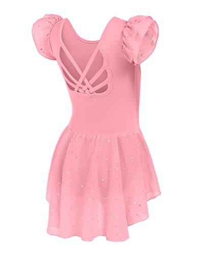 Image of Arshiner Girls Shiny Ruffle Sleeve Ballet Leotard with Skirt Criss-Cross Back Dance Dresses