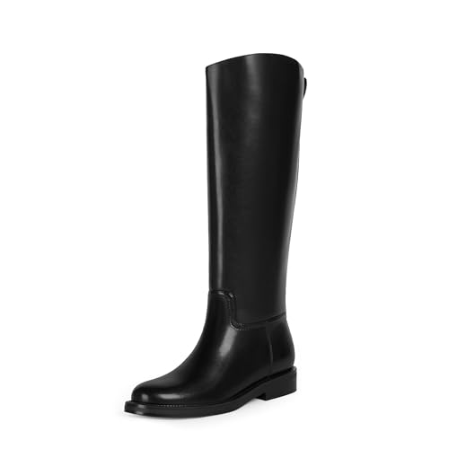 QIY Flat Boots For Women No Heel Black Faux Leather Chunky Heels Knee High Boots For Women Dressy Low Heel Slip On Round Toe Shoes Black Tall Long Winter Boot Size 8.5