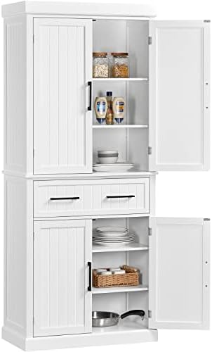 Yaheetech Kitchen Pantry Storage Cabinet with Doors and Adjustable Shelves, Freestanding Pantry Cabinets with Drawer, Modern Farmhouse Pantry Cupboard for Kitchen, Dinning Room, Living Room, White