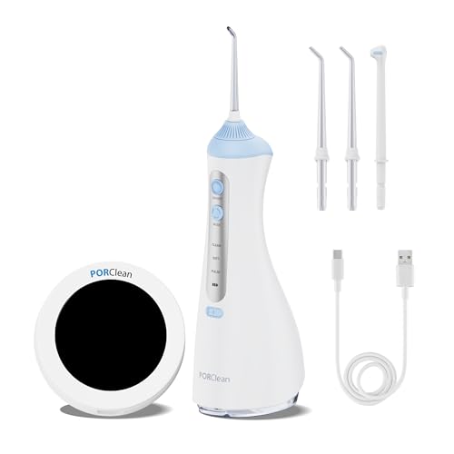 Image of PORClean 200V Water Flosser for teeth with UVA+UVC Toothbrush Sanitizer holder Combo, Cordless Oral Care, Wall Mounted, Rechargeable IPX7 Waterproof - 1 Year Warranty