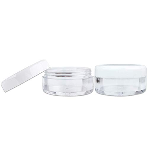 50 New Empty 5 Grams Acrylic Clear Round Jars - BPA Free Containers for Cosmetic, Lotion, Cream, Makeup, Bead, Eye shadow, Rhinestone, Samples, Pot, Small Accessories 5g/5ml (WHITE LID)