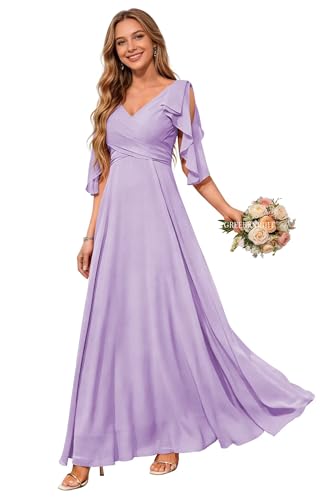 Image of Women Bridesmaid Dresses with Sleeves for Wedding V Neck Chiffon Long A Line Pleated Formal Evening Gown