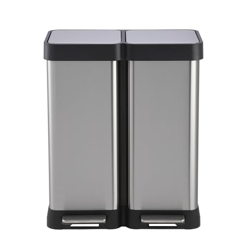 Garvee 16 Gallon Dual Compartment Trash & Recycling Bin - Soft Close Lid Kitchen Garbage Can, Stainless Steel Step Pedal, Space Saving Design for Home/Office (60L 2x30L, No Inner Bucket)