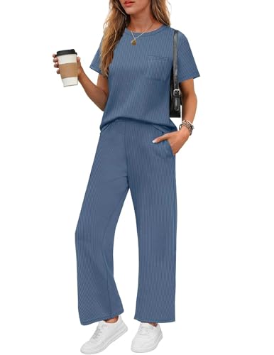 Ekouaer Womens Ribbed Knit Lounge Set Short Sleeve...