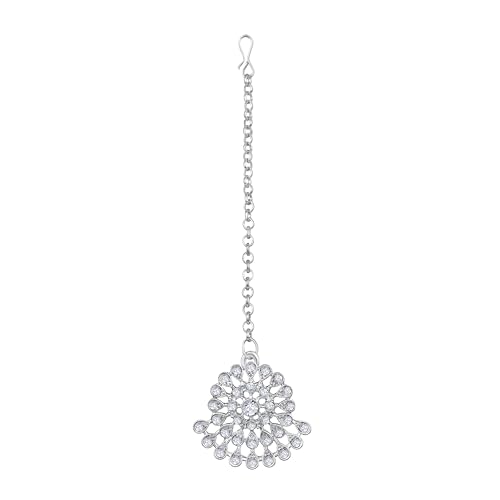 Image of Atasi International Silver Plated White Crystals American Diamonds Stylish Necklace Set with Earrings and Maang Tikka for Women and Girls | Stylish Jewellery for Party, Wedding and Festive Occasions (R6150)