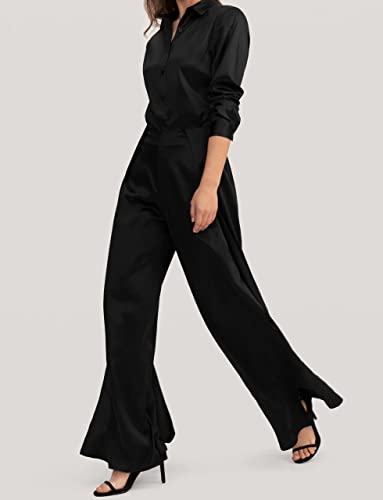 Houmous Womens Satin Silk Button Down Shirts Formal Office Work Wear Shirt For Girl Casual Loose Long Sleeve Blouse Top(Black,L) #TOP5