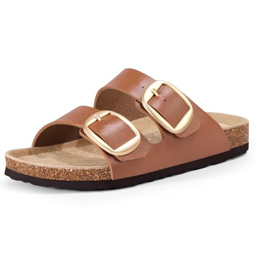 Image of KIDMI Women's Cork Footbed Slide Sandals Comfortable Arch Support Outdoor Sandal with Big Adjustable Buckle for Summer
