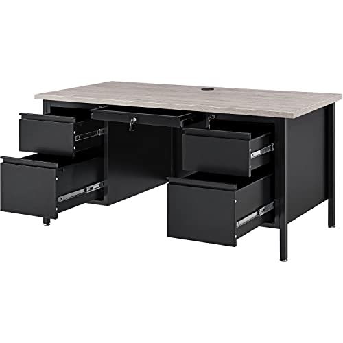 Global Industrial 60' W x 30' D x 30-1/2'H Steel Teacher's Desk, Gray Top with Black Frame, Double Pedestal Desk with Center Drawer, 4 Locking Box/Box Drawers