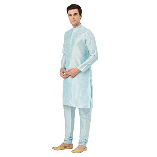 Image of SOJANYA (Since 1958 Men's Silk Blend Sky Blue Kurta Pyjama & Navy Nehrujacket Combo Size 42