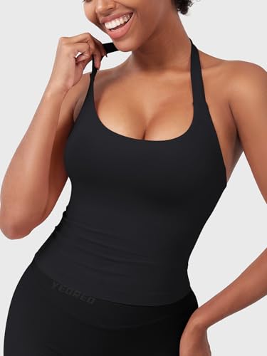 Image of YEOREO SoftHue Women's Impact Halter Tank Top Longline Backless Scoop Neck Built-in Bra Sports Workout Gym Crop Top