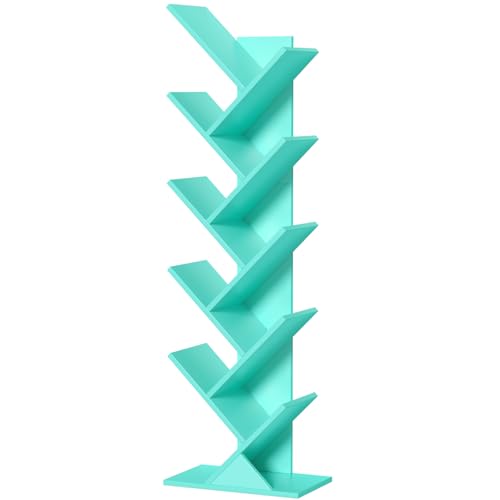 SHEEPAM 10 Tier Tree Book Shelf, Floor Standing Wood Bookshelf for Narrow Space, Storage Organizer Bookshelves for Books/CDs/Magazine, Bookcase with Shelves for Home Office, Living Room - Green