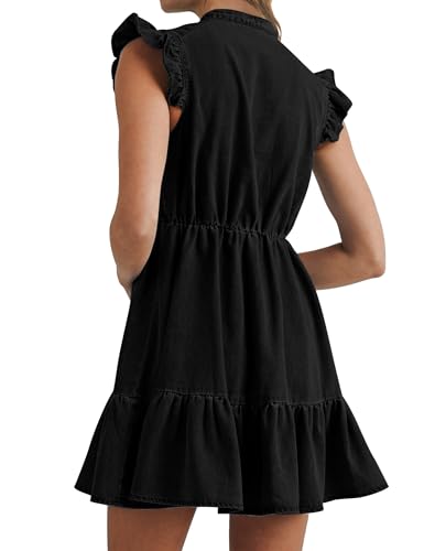 Image of POTILI Denim Dress for Women Mini Jean Dress with Pockets | Ruffle Sleeve, V-neck, Two Side Pockets