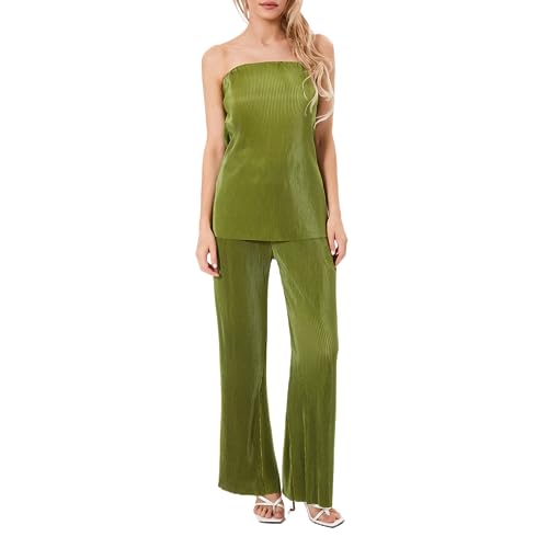Geagodelia Damen Zweiteiler Plissee Set Elegant Hosenanzug Lang Bandeau Top...