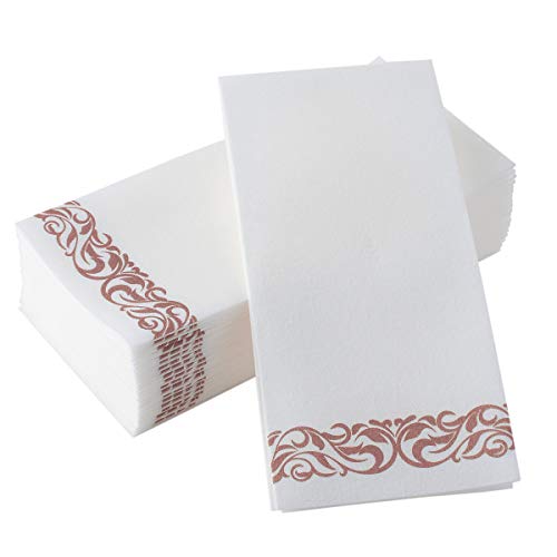 BloominGoods Disposable Dinner Napkins (17x17) Decorative Bathroom Paper Hand Towels | Soft and Absorbent Linen-Feel Guest Towels for Parties, Weddings, Dinners, Events | White, Rose Gold (100-Pack)