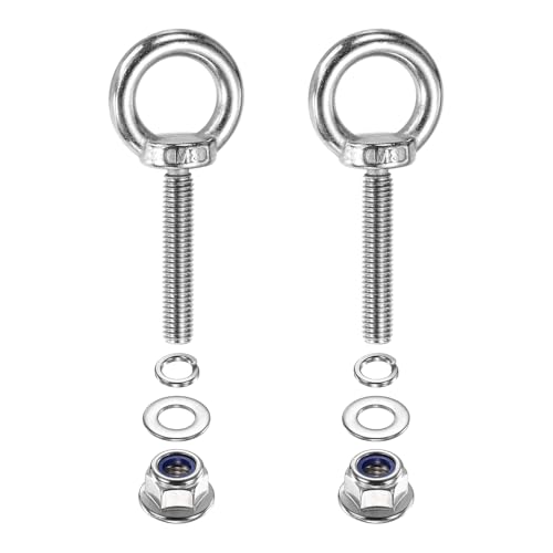 Image of PATIKIL M8 x 45mm Shoulder Eye Bolt, 2 Pcs 304 Stainless Steel Lifting Ring Threaded Eye Bolt with Flange Lock Nuts Spring and Flat Washers for Hanging Tie Down Straps Outdoor Indoor