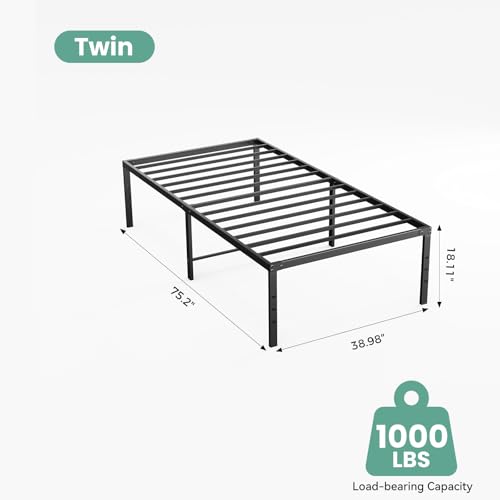 Image of Sweetcrispy Twin Size 18 Inch Platform Bed Frame, Heavy Duty Metal Foundation Frame, Noise-Free Sturdy Steel Slats, Underbed Storage, No Box Spring Needed, Quick Setup