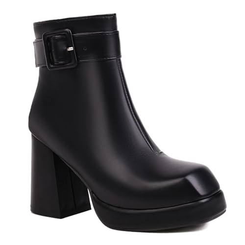 Women's Chunky Platform Ankle Boots Square Toe Buckle Side Zipper Block High Heel Dressy Short Bootie