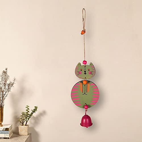 Image of Aakriti Art Creations Olive Green Kitty Wind Chime | Handmade Modern Art Wooden & Metal Wind Chime | Matte Decorative Wind Chimes for Balcony, Garden, Living Room & Gifting