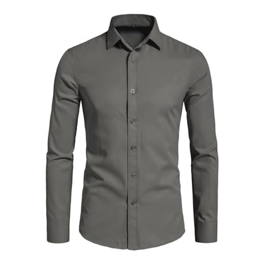 BEILU Camisa social masculina elástica slim fit formal manga longa abotoada, Cinza escuro, P