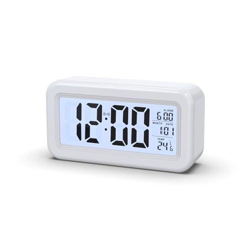 Reloj despertador digital LED Despertador de viaje LED con pilas, for mesita de noche, sin tictac, con función de repetición, temperatura, fecha y hora, sin lujos, funcionamiento sencillo.(White)