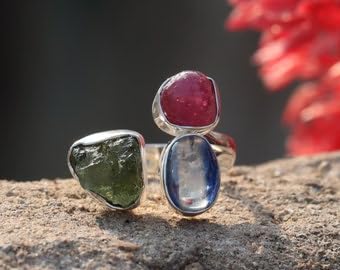 Natural Moldavite, Ruby & Kyanite Ring, 925 Sterling Silver Plated Three Gemstone Ring, Handmade Women's Anniversary Ring2